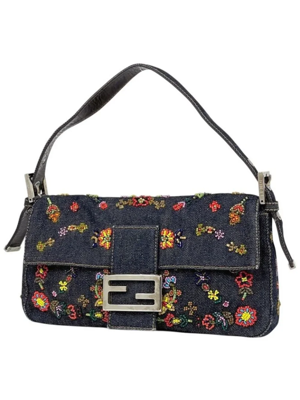 Fendi Zucca Pattern Mamma Baguette Beads Embroidery Shoulder Bag Denim Navy - Picture 1 of 15